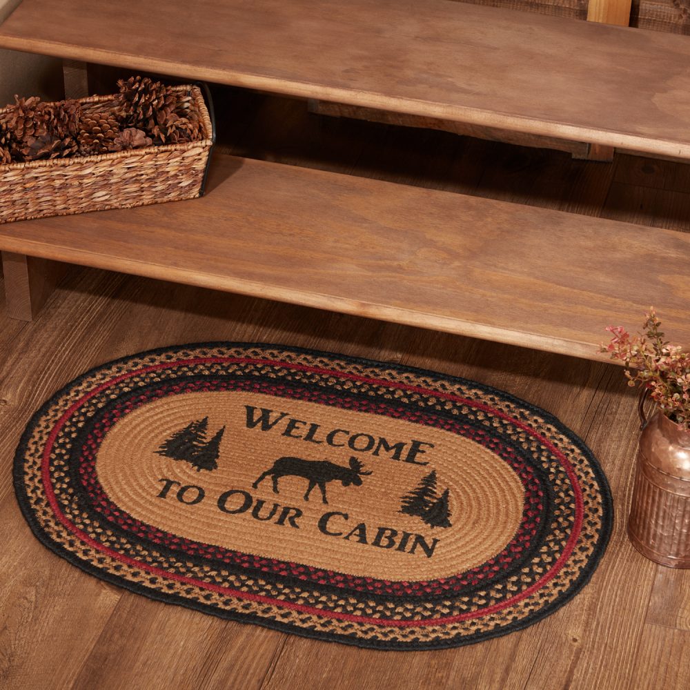 Cumberland Stenciled Moose Jute Rug Oval Welcome to the Cabin 20x30