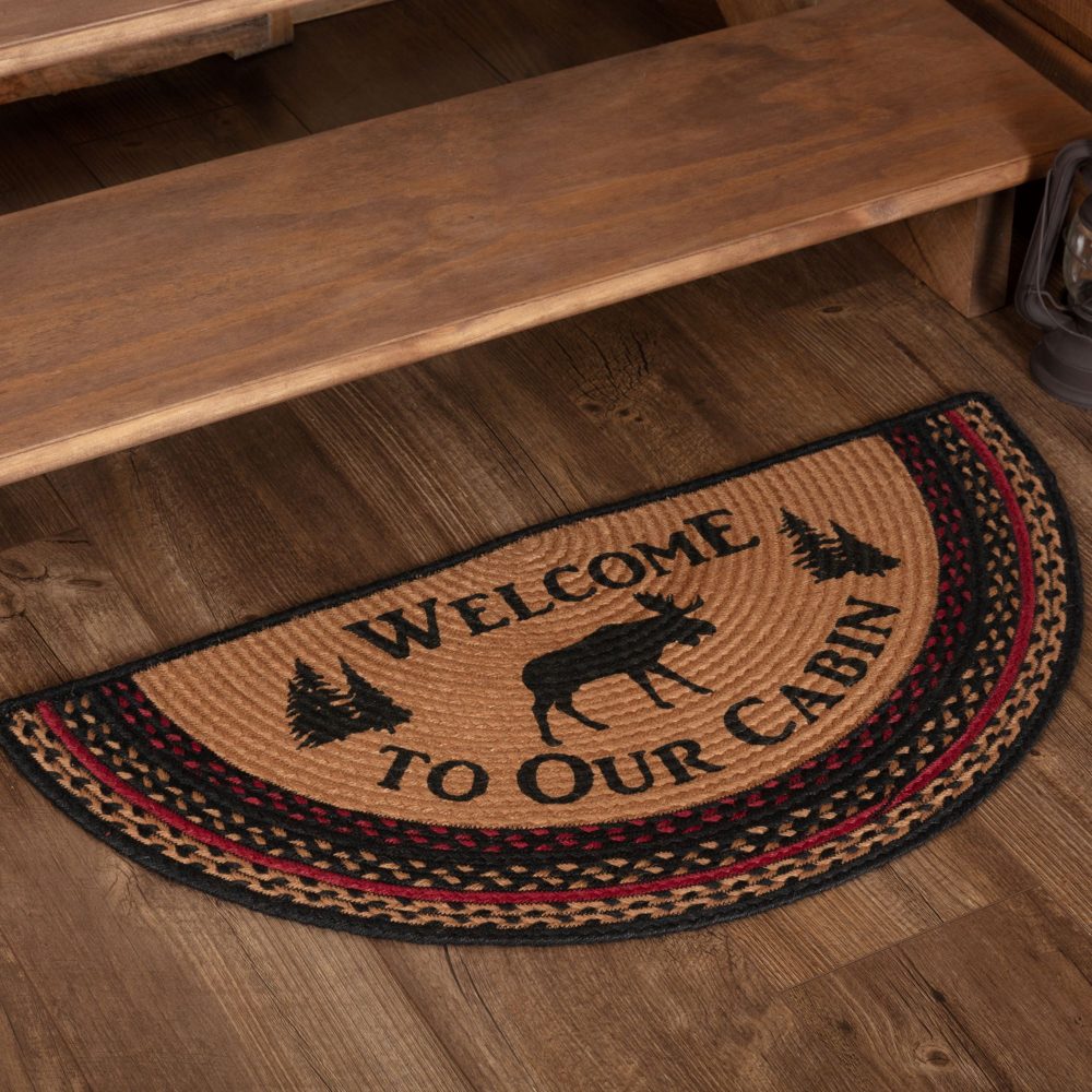 Cumberland Stenciled Moose Jute Rug Half Circle Welcome to the Cabin 16.5x33