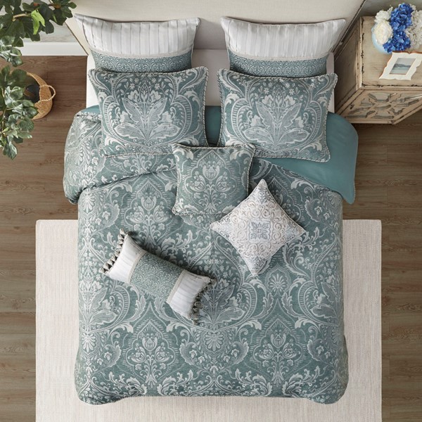 Madison Park Signature Adelphia Jacquard Comforter Set with Euro Shams and Dec Pillows in Slate Blue, Queen MPS10-494