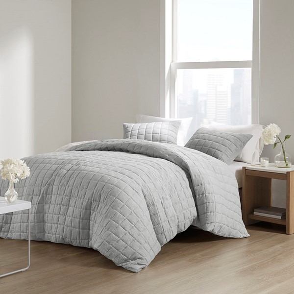 N Natori Cocoon 3 Piece Quilt Top Duvet Cover Mini Set in Grey, King/Cal King NS12-3661