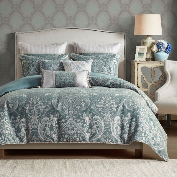 Madison Park Signature Adelphia Jacquard Comforter Set with Euro Shams and Dec Pillows in Slate Blue, Queen MPS10-494