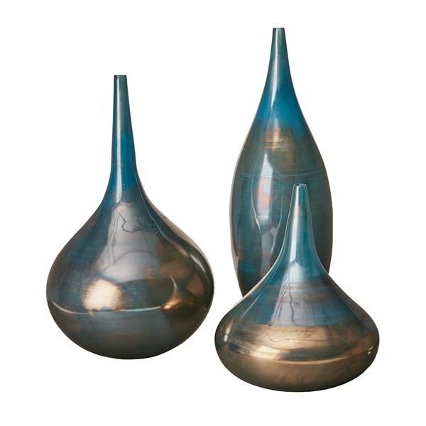 Madison Park Signature Aurora Blue and Bronze Decorative Glass Vases 3-piece set in Blue Metal MPS162-248