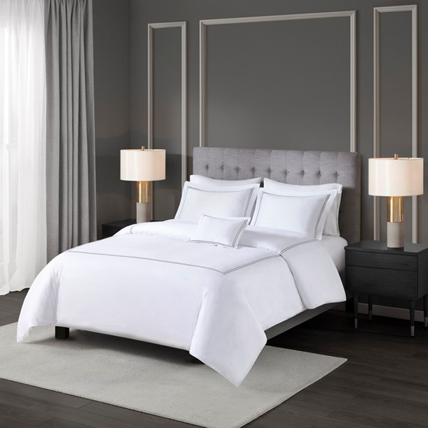 Madison Park Signature 500 Thread Count Luxury Collection 100% Cotton Sateen Embroidered Comforter Set in White/Grey, King/Cal King MPS10-507