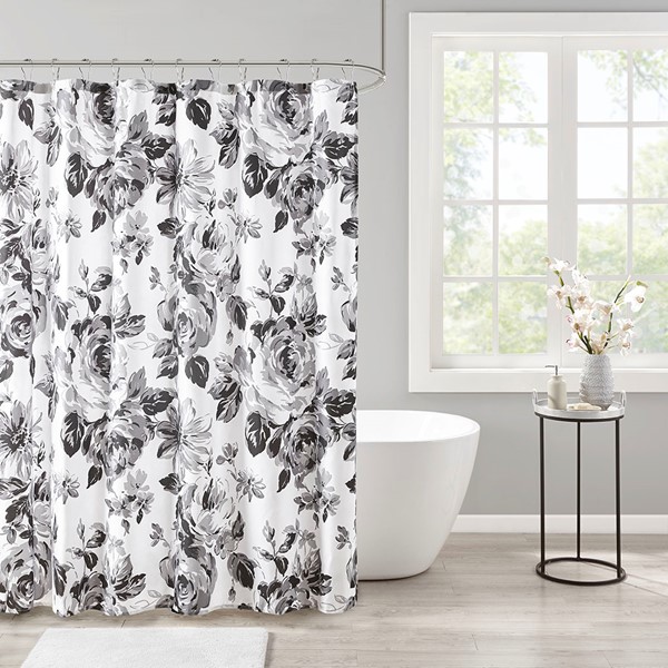 Intelligent Design Dorsey Floral Printed Shower Curtain in Black/White, 72x72" ID70-1805