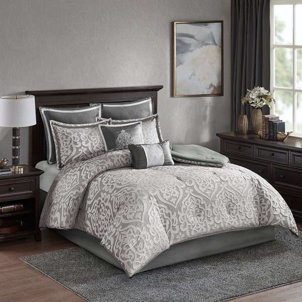 Madison Park Odette 8 Piece Jacquard Comforter Set in Silver/Silver, King MP10-5886