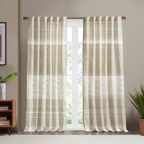 INK+IVY Mila Cotton Printed Curtain Panel with Chenille detail and Lining in Taupe, 50x84" II40-1183