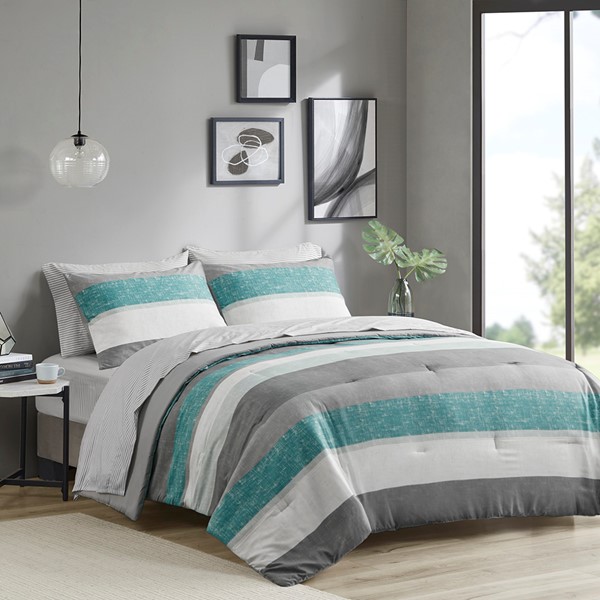 Madison Park Essentials Jaxon Comforter Set with Bed Sheets in Aqua/Grey, Queen MPE10-1033