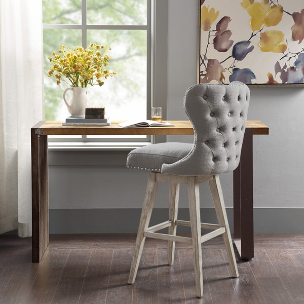 Madison Park Hancock High Wingback Button Tufted Upholstered 30" Swivel Bar Stool with Nailhead Accent in Grey MP104-0717
