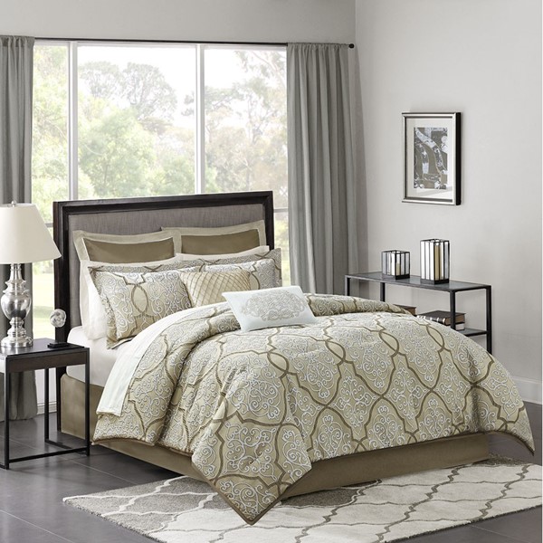 Madison Park Lavine 12 Piece Comforter Set with Cotton Bed Sheets in Gold, Cal King MP10-7952