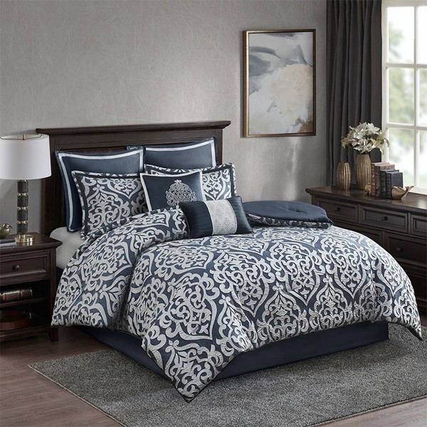 Madison Park Odette 8 Piece Jacquard Comforter Set in Navy/Silver, Queen MP10-6836
