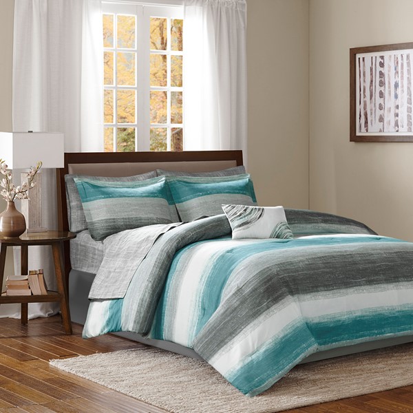Madison Park Essentials Saben Comforter Set with Cotton Bed Sheets in Aqua, King MPE10-696