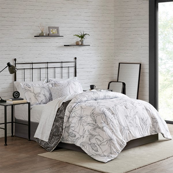 Madison Park Essentials Lilia Reversible Comforter Set with Cotton Bed Sheets in White/ Charcoal, King MPE10-802