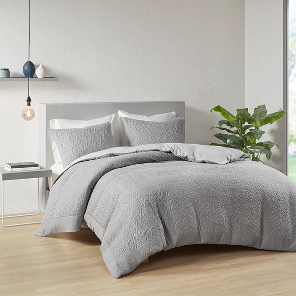 N Natori Origami 3 Piece Oversized Knit Quilted Top Duvet Cover Mini Set in Grey, Full/Queen NS12-3727