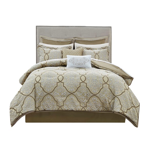 Madison Park Lavine 12 Piece Comforter Set with Cotton Bed Sheets in Gold, Cal King MP10-7952