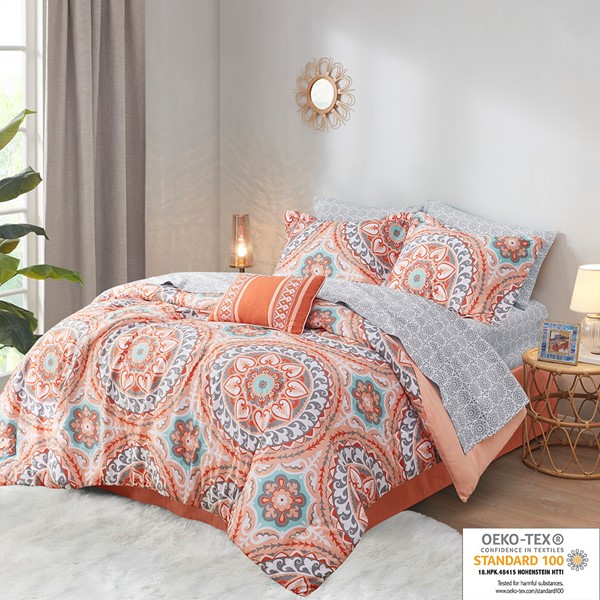 Madison Park Essentials Serenity Comforter Set with Cotton Bed Sheets in Coral, King MPE10-207