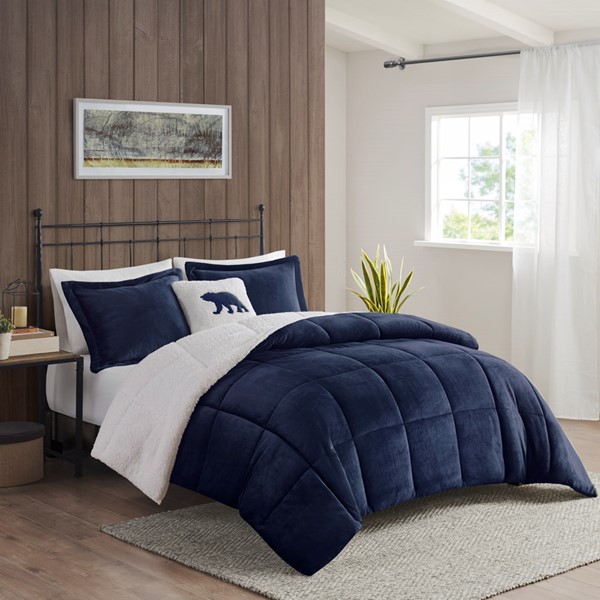 Woolrich Alton Plush to Sherpa Down Alternative Comforter Set in Navy/Ivory, Full/Queen WR10-2414