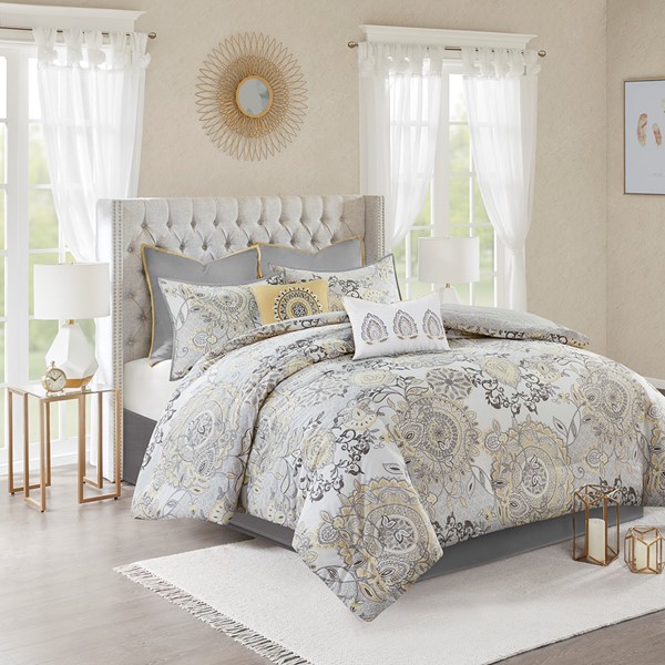 Madison Park Isla 8 Piece Cotton Floral Printed Reversible Comforter Set in Yellow, King MP10-8156
