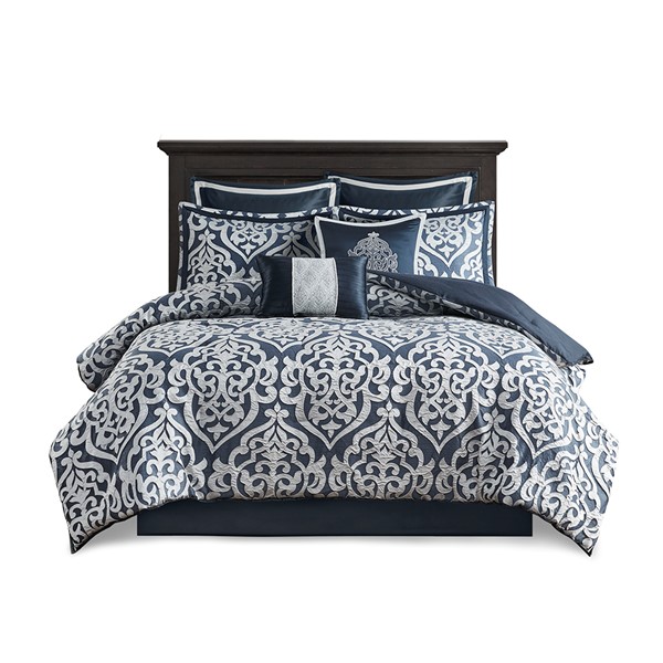 Madison Park Odette 8 Piece Jacquard Comforter Set in Navy/Silver, King MP10-6837