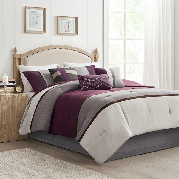 Madison Park Palisades 7 Piece Faux Suede Comforter Set in Purple, Cal King MP10-6177