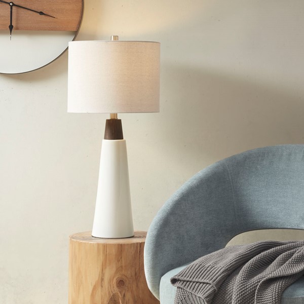 INK+IVY Tristan Triangular Ceramic and Wood Table Lamp in White Base/Cream Shade II153-0129
