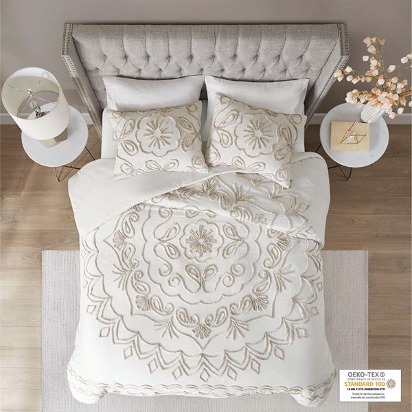 Madison Park Violette 3 Piece Tufted Cotton Chenille Duvet Cover Set in Ivory/Taupe, King/Cal King MP12-7143