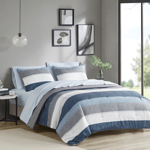Madison Park Essentials Jaxon Comforter Set with Bed Sheets in Blue/Grey, Cal King MPE10-989