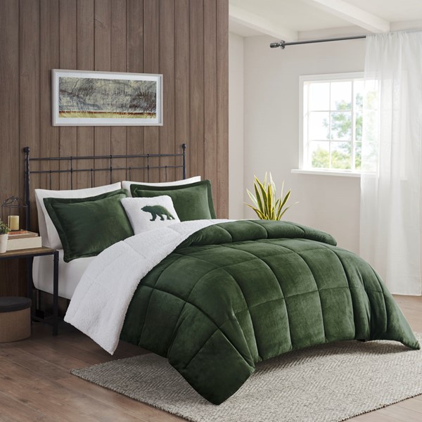 Woolrich Alton Plush to Sherpa Down Alternative Comforter Set in Green/Ivory, Full/Queen WR10-3886