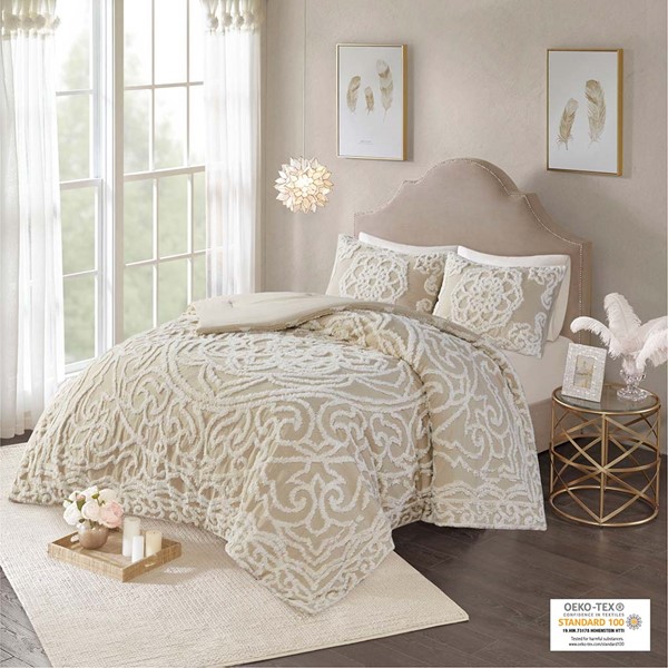 Madison Park Laetitia Tufted Cotton Chenille Medallion Comforter Set in Taupe, King/Cal King MP10-7115