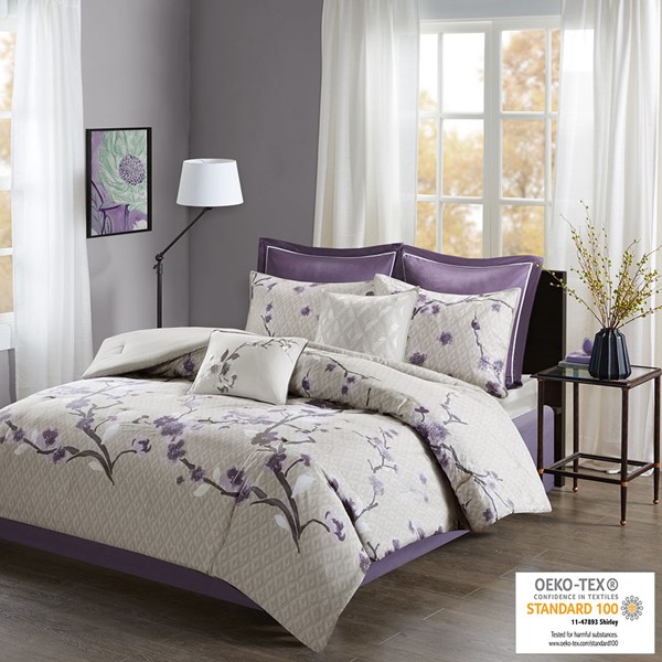 Madison Park Holly 8 Piece Cotton Comforter Set in Purple/Taupe, Cal King MP10-4168