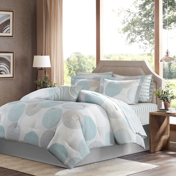 Madison Park Essentials Knowles Comforter Set with Cotton Bed Sheets in Aqua, Cal King MPE10-162
