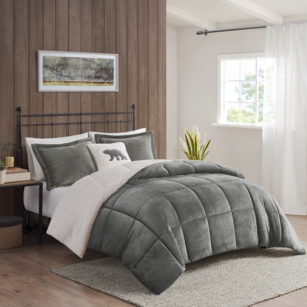Woolrich Alton Plush to Sherpa Down Alternative Comforter Set in Charcoal/Ivory, Twin WR10-2886