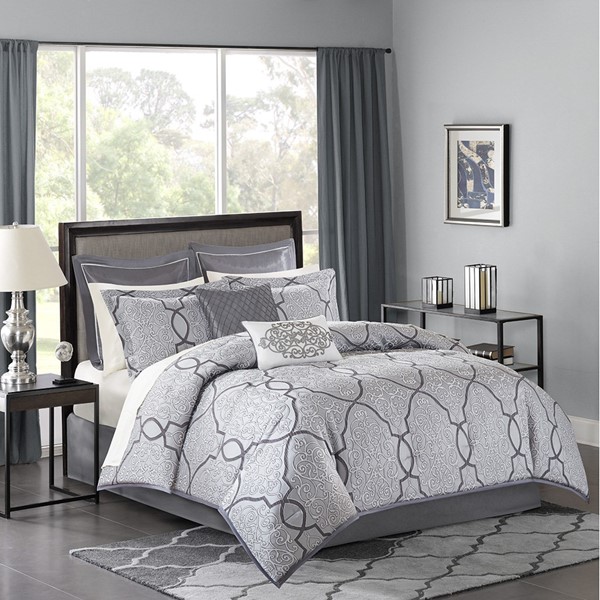 Madison Park Lavine 12 Piece Comforter Set with Cotton Bed Sheets in Silver, King MP10-4045