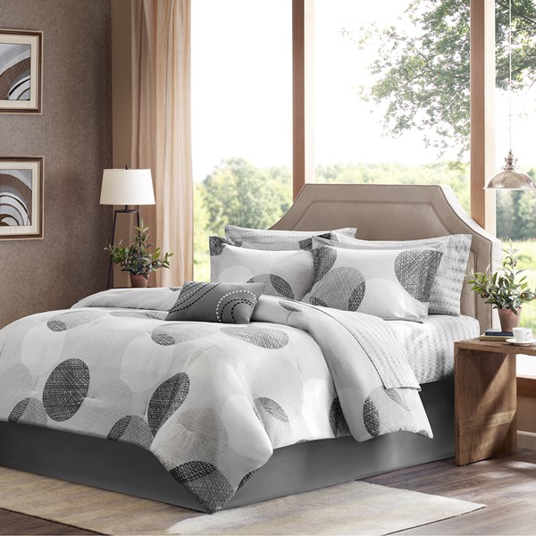 Madison Park Essentials Knowles Comforter Set with Cotton Bed Sheets in Grey, Queen MPE10-007