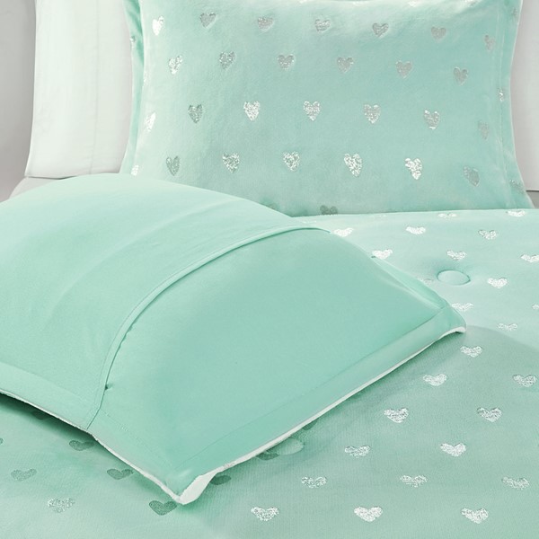 Mi Zone Rosalie Metallic Printed Plush Comforter Set with Throw Pillow in Aqua/Silver, Twin/Twin XL MZ10-0629