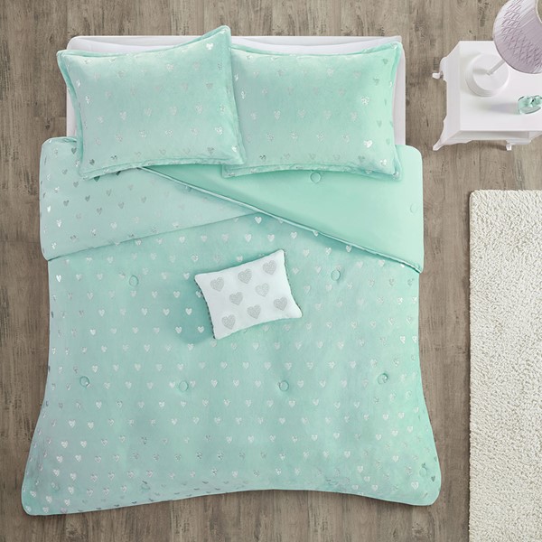 Mi Zone Rosalie Metallic Printed Plush Comforter Set with Throw Pillow in Aqua/Silver, Twin/Twin XL MZ10-0629