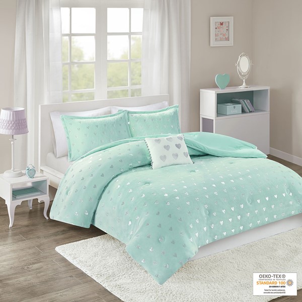 Mi Zone Rosalie Metallic Printed Plush Comforter Set with Throw Pillow in Aqua/Silver, Twin/Twin XL MZ10-0629