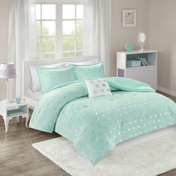 Mi Zone Rosalie Metallic Printed Plush Comforter Set with Throw Pillow in Aqua/Silver, Twin/Twin XL MZ10-0629