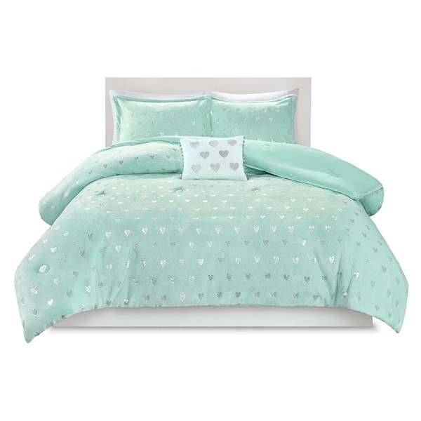 Mi Zone Rosalie Metallic Printed Plush Comforter Set with Throw Pillow in Aqua/Silver, Twin/Twin XL MZ10-0629