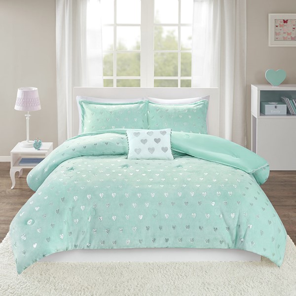 Mi Zone Rosalie Metallic Printed Plush Comforter Set with Throw Pillow in Aqua/Silver, Twin/Twin XL MZ10-0629