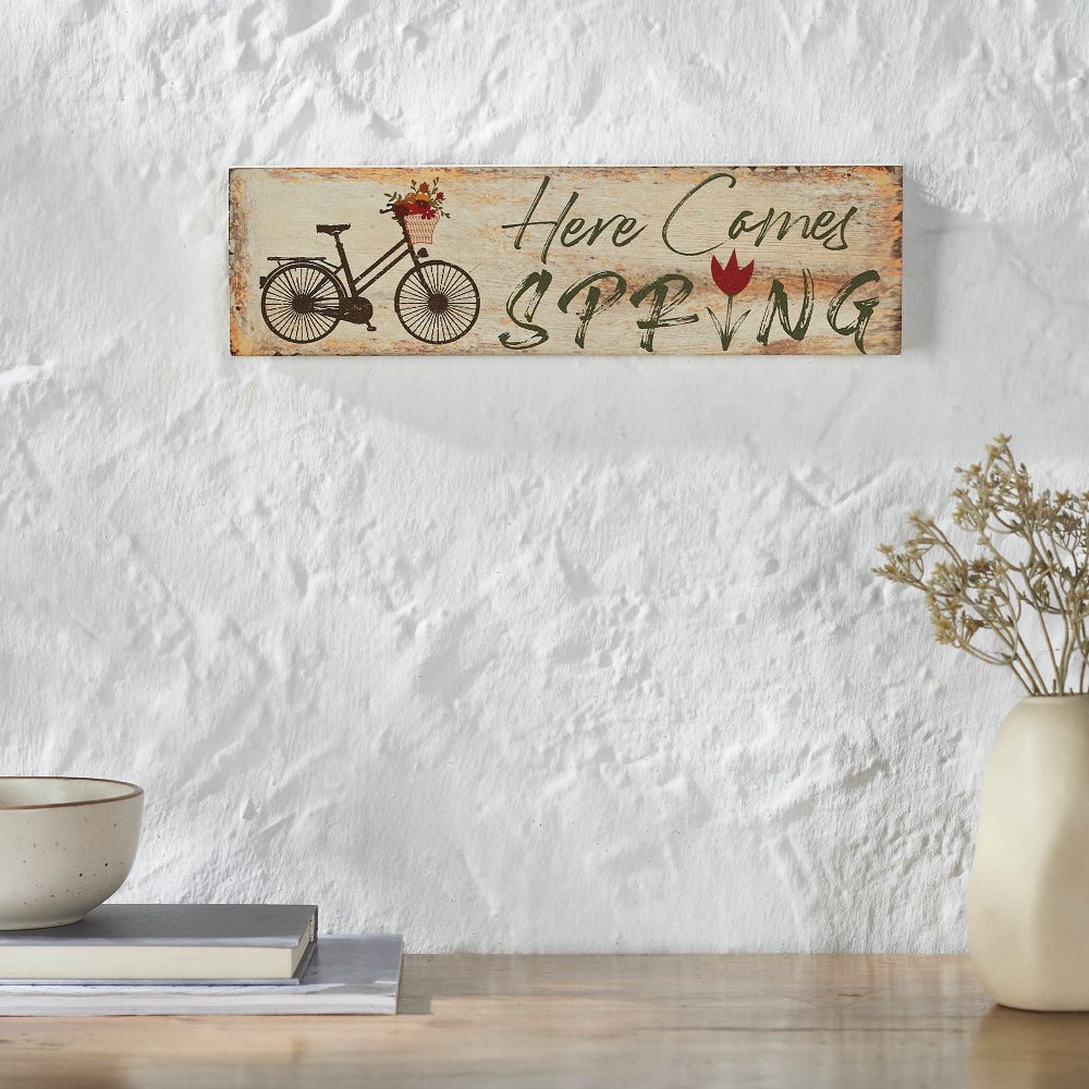 Spring In Bloom Here Comes Spring w/ Bicycle & Tulip MDF Wall Sign ...