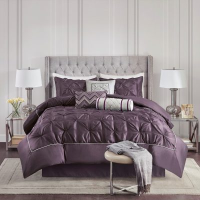 Madison Park Laurel 100% Polyester Pieced Pleated 7pcs Tufted Comforter Set in Plum, King TT10-0029