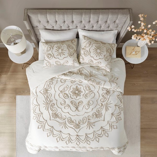 Madison Park Violette 3 Piece Tufted Cotton Chenille Comforter Set in Ivory/Taupe, Full/Queen MP10-7140 - Image 5