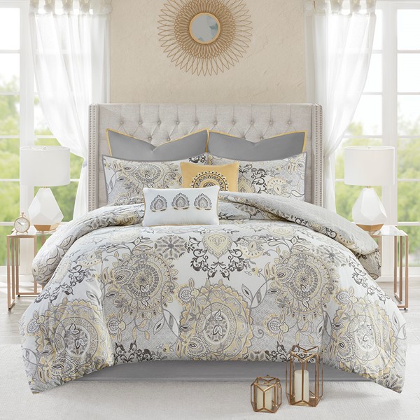 Madison Park Isla 8 Piece Cotton Floral Printed Reversible Comforter Set in Yellow, Queen MP10-8155 - Image 3