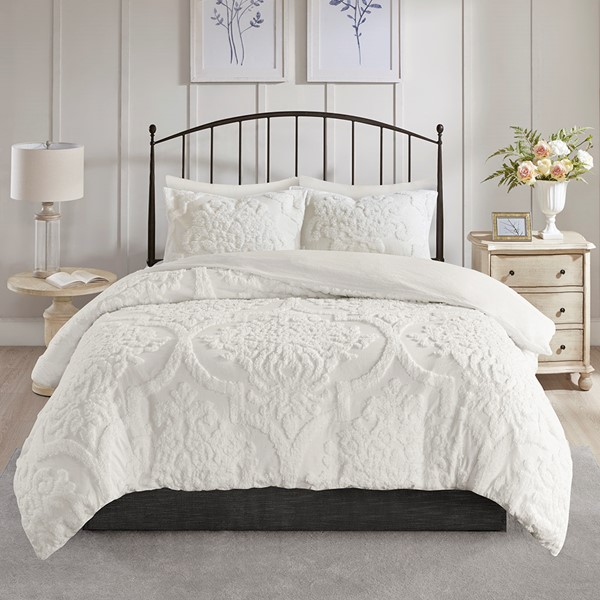 Madison Park Viola 3 Piece Tufted Cotton Chenille Damask Duvet Cover Set in Off-White, King/Cal King MP12-6208 - Image 4
