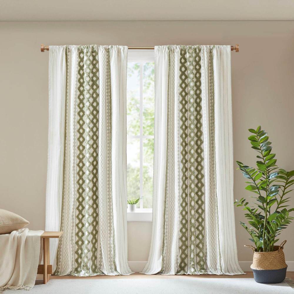 INK+IVY Imani Cotton Printed Curtain Panel with Chenille Stripe and Lining in Green, 50x84" II40-1350 - Image 4