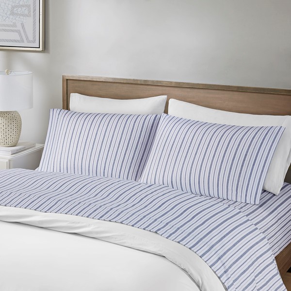Madison Park Essentials 200 Thread Count Printed Cotton Sheet Set in Blue Stripe, Queen MPE20-1013 - Image 3