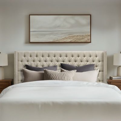 Madison Park Amelia Upholstered Wingback Headboard with Button Tufting & Nailhead Trim in Beige Woven, King MP116-1291