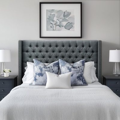 Madison Park Amelia Upholstered Wingback Headboard with Button Tufting & Nailhead Trim in Dark Grey Woven, Queen/Full MP116-1292