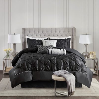 Madison Park Laurel 100% Polyester Pieced Pleated 7pcs Tufted Comforter Set in Black, Queen TT10-0032