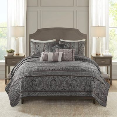 Madison Park Bellagio 6 Piece Jacquard Quilt Set with Throw Pillows in Grey, Full/Queen MP13-8780